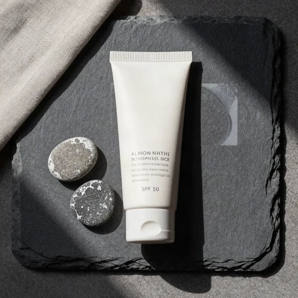 Tubetto crema viso SPF 50 su ardesia con ciottoli minerali e lino grezzo.