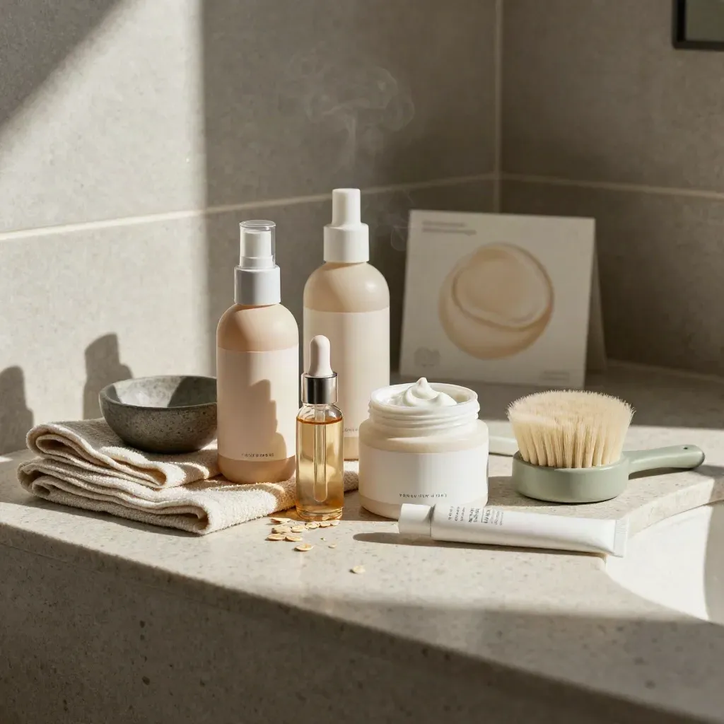 Kit viso su travertino con siero, crema, contorno occhi, asciugamano di lino e vapore leggero