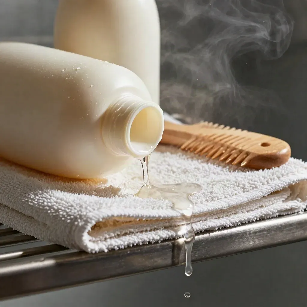 Flacone di shampoo rinforzante avorio con asciugamano umido, pettine in legno e ciocche bagnate