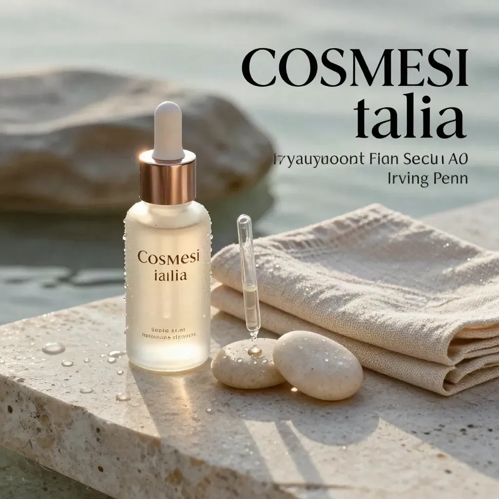 Siero viso in vetro satinato con contagocce, ampolla, pietre lisce e lino su travertino bagnato.