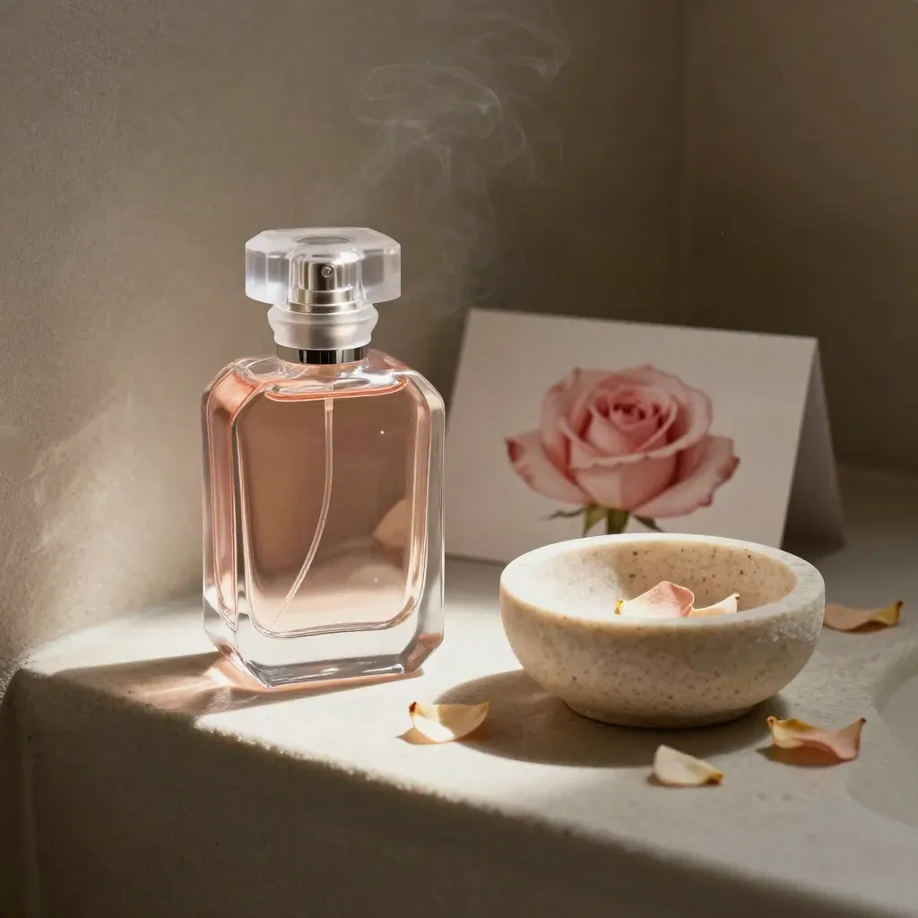Profumo rosa in vetro, petali secchi e ciotola in travertino in un angolo toilette elegante.