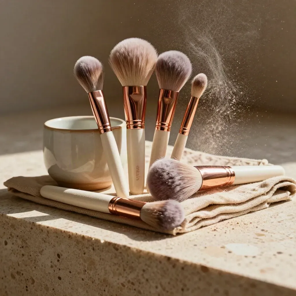 Set di 5 pennelli make-up rosé con polvere sospesa e coppetta in ceramica