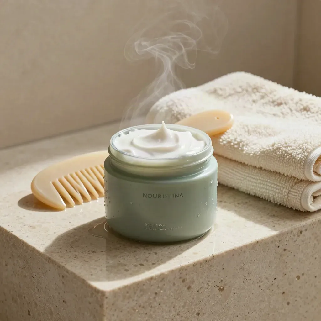 Maschera capelli in barattolo, pettine largo, asciugamano e vapore su mensola spa.