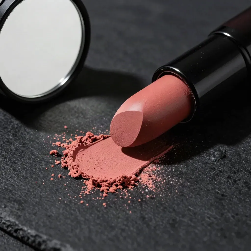 Rossetto nude opaco con pennellata cremosa e frammento di specchio su pietra nera.