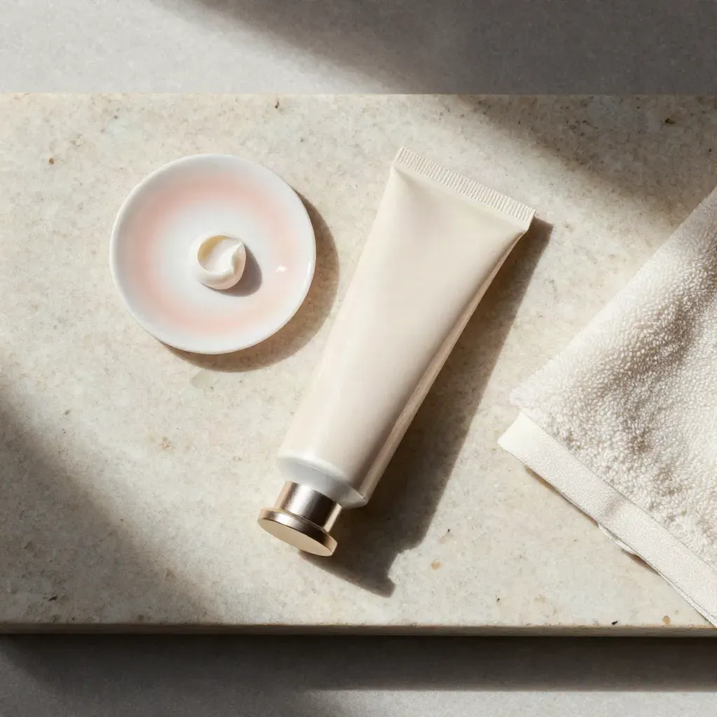 Crema mani rosa in tubo con tappo perla, piattino smaltato e asciugamano piegato su travertino.