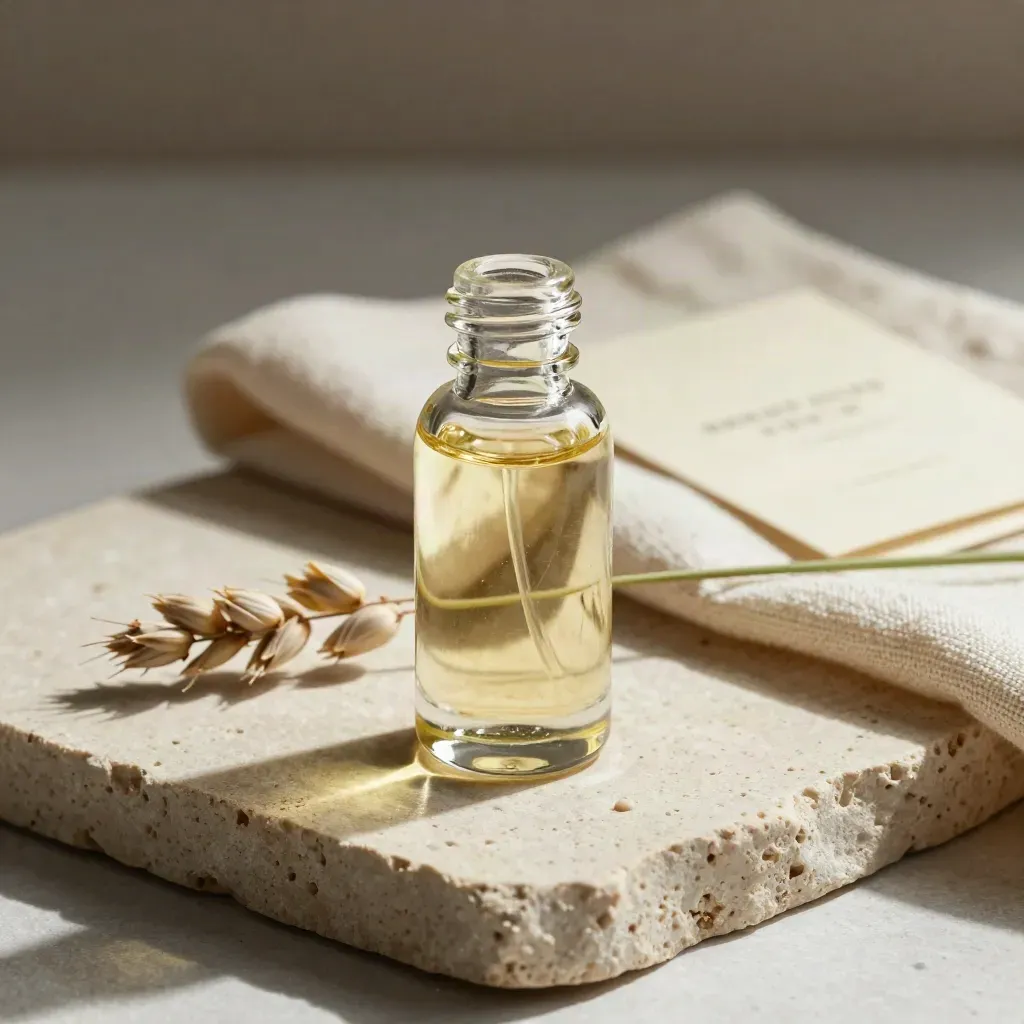 Fiala di olio per capelli con lino, panno crema e pietra chiara, luce radente.
