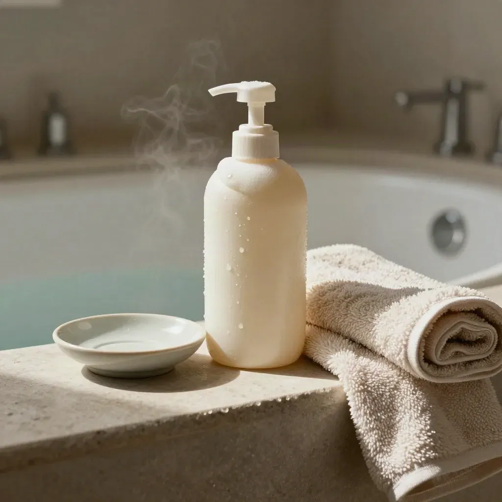 Bagnoschiuma satinato con piattino ceramico e asciugamano piegato tra vapore e bordo vasca.