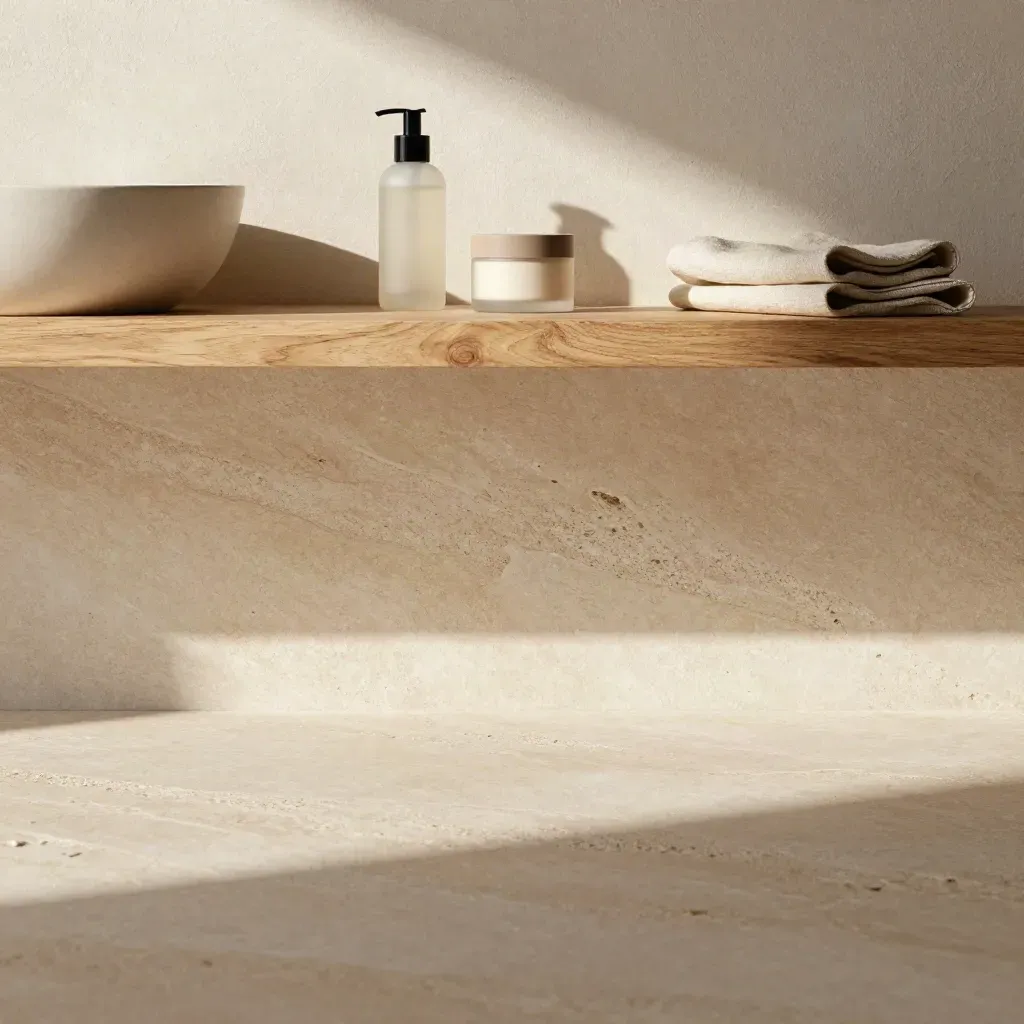 Mensola vanity in travertino con prodotti skincare neutri e luce mattutina