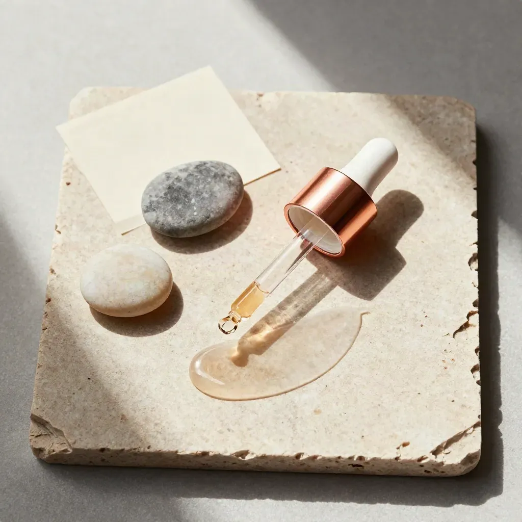 Siero occhi alla caffeina in flatlay dall’alto con contagocce, pietre fredde e gel su pietra opaca.