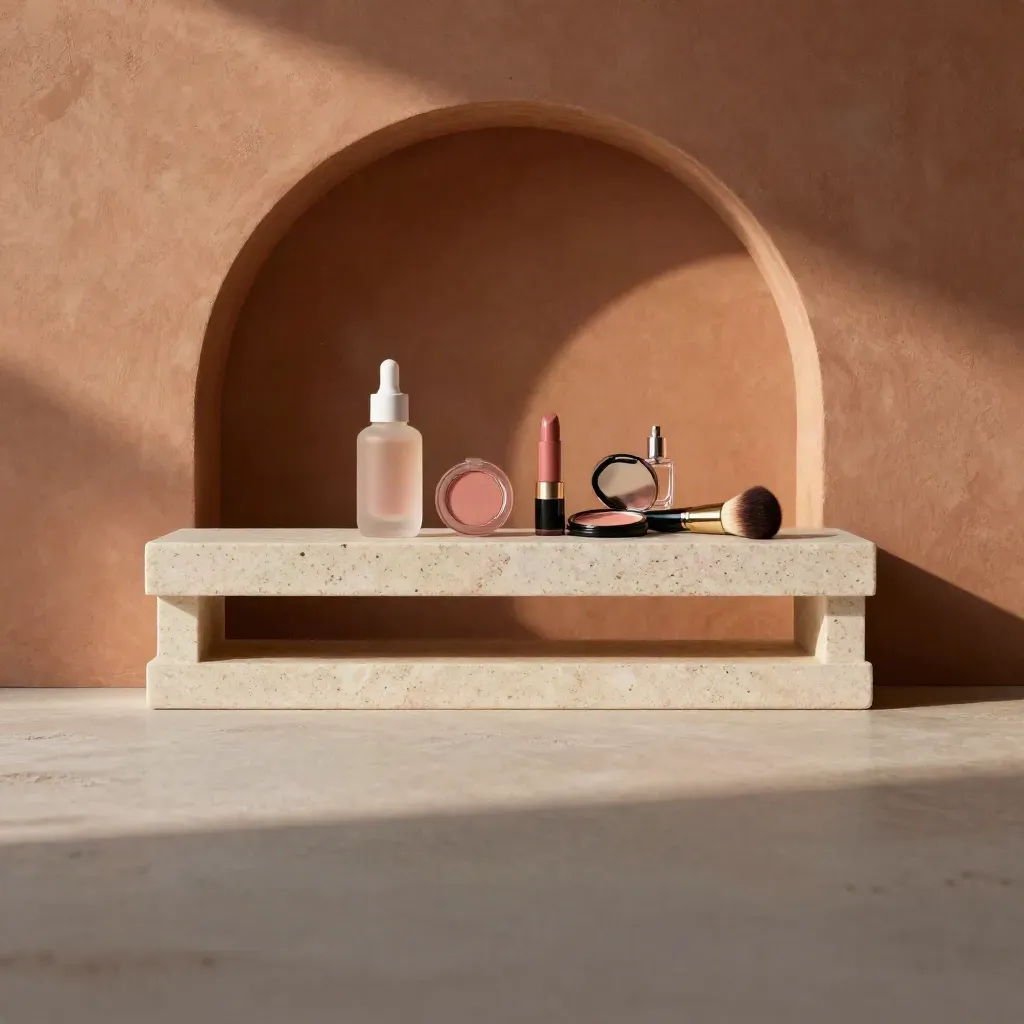 Interno minimale in pietra con prodotti make-up e luce del pomeriggio